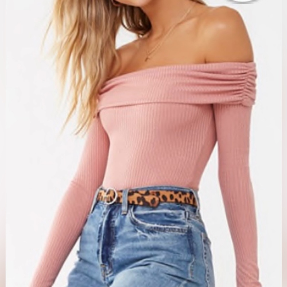 Forever 21 Dusty Pink Ribbed Off-the-Shoulder Bodysuit